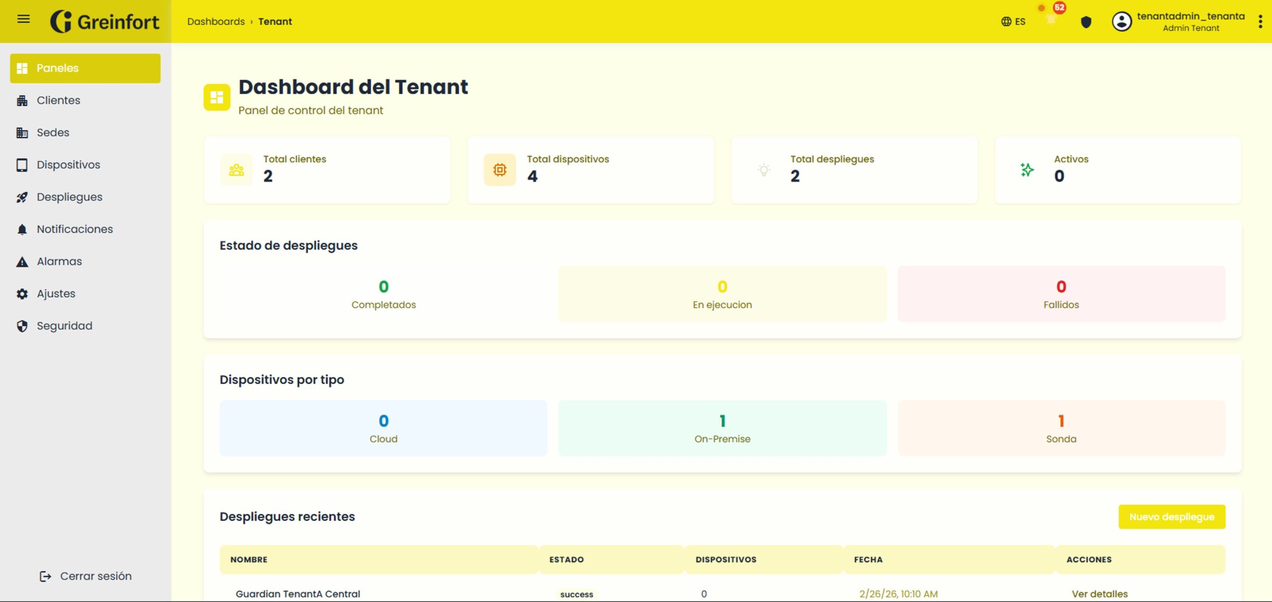 Dashboard del Tenant de Greinfort Manager
